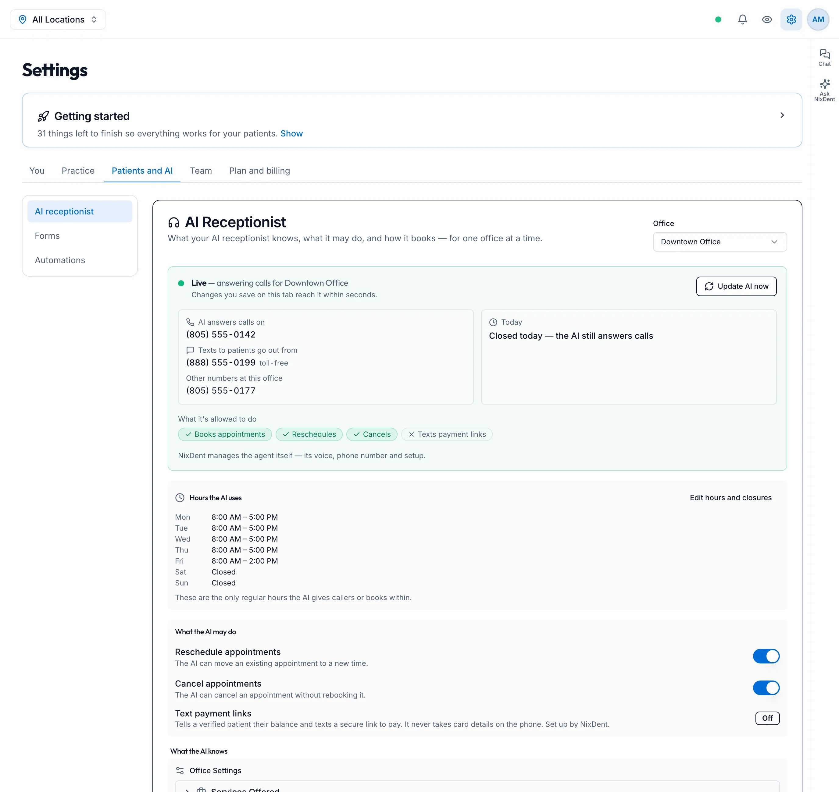 The AI receptionist page: live status, phone numbers, today’s hours, and what it’s allowed to do