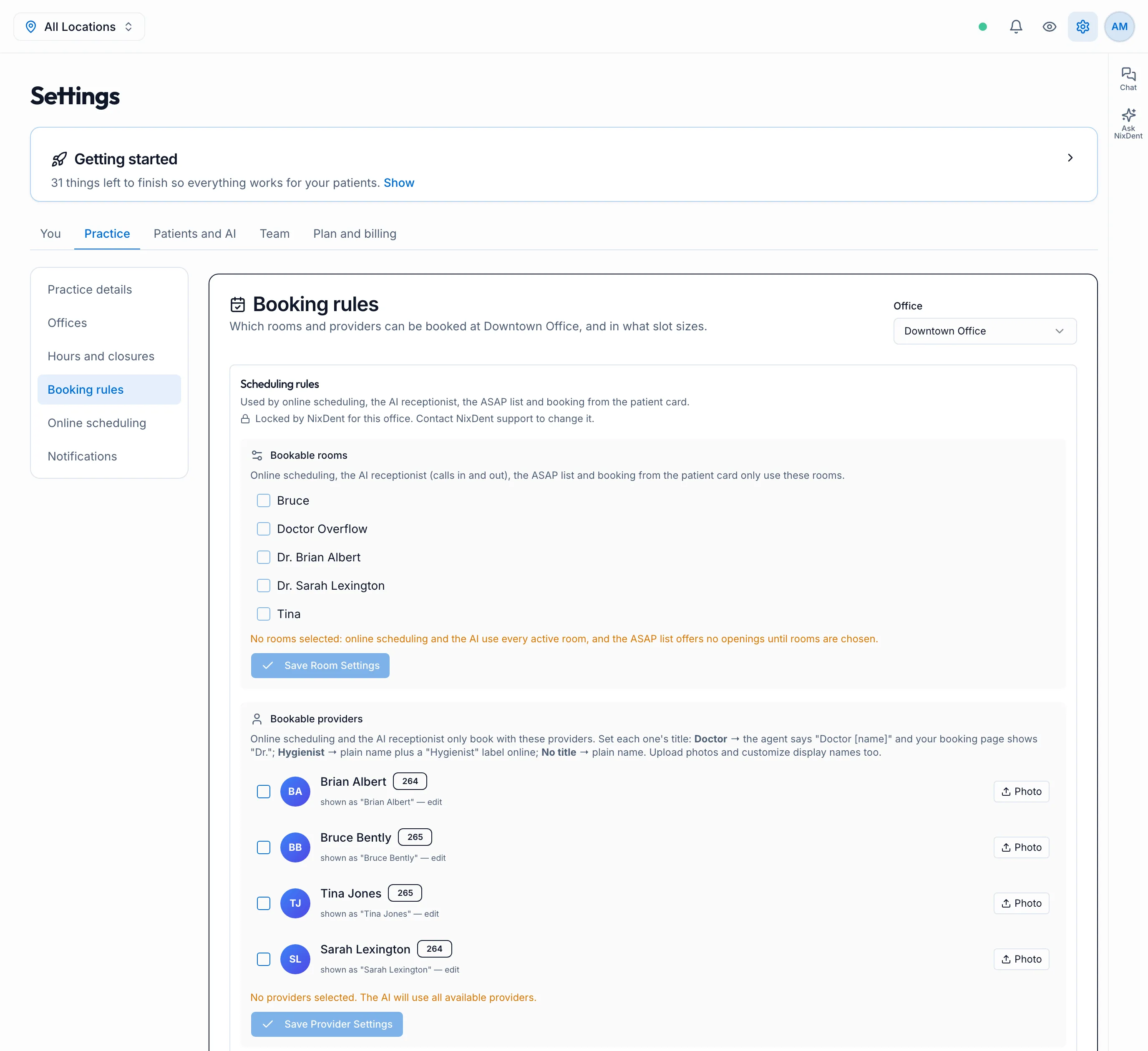 Booking rules: bookable rooms and bookable providers for Downtown Office