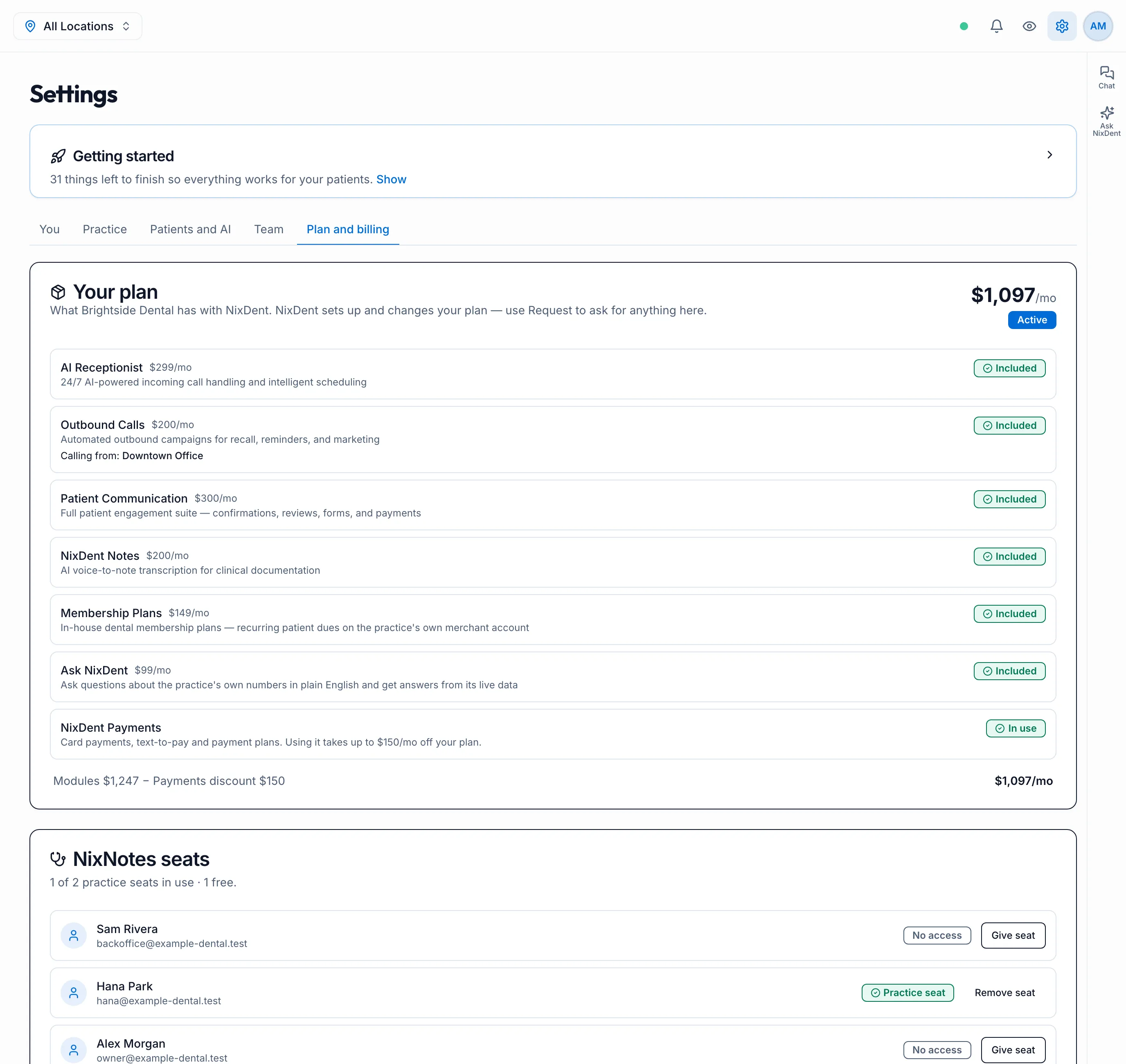 Plan and billing: the plan’s modules with prices, and the NixNotes seats list
