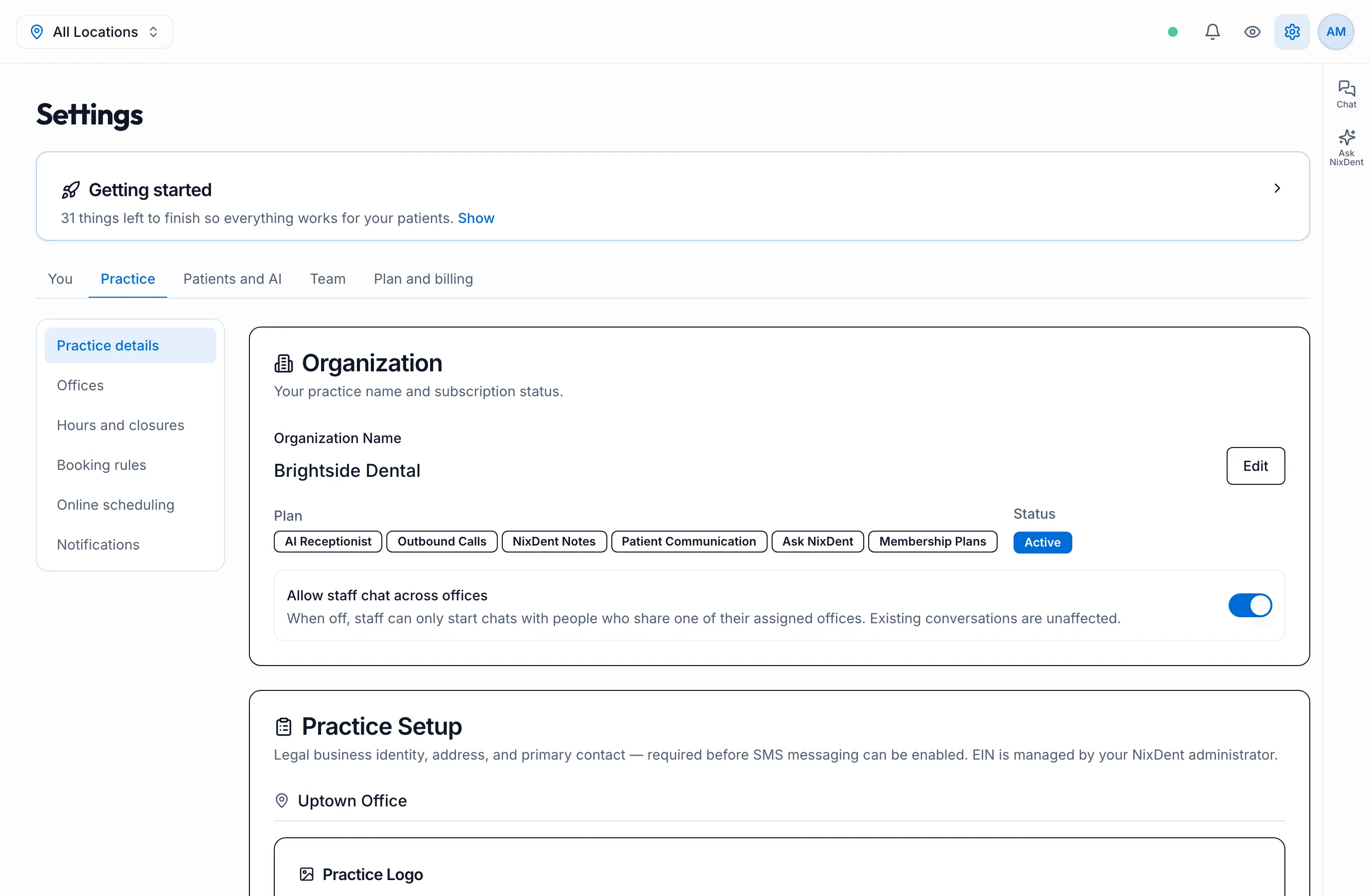 Settings open on Practice, with the list of Practice pages on the left