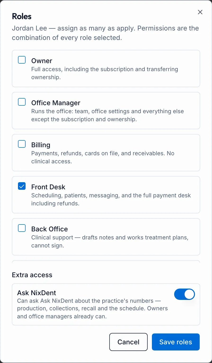 The Roles window for Jordan Lee, with Front Desk ticked and Ask NixDent switched on